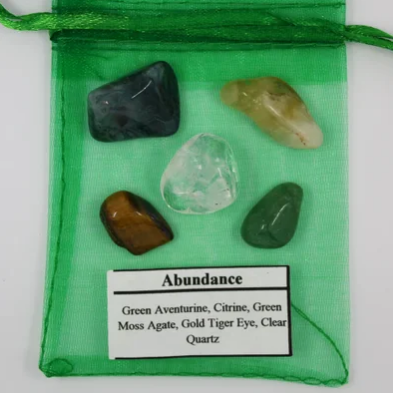 Abundance Mojo Bag Includes: A green bag Green Aventurine Citrine Green Moss Agate Gold Tiger Eye Clear Quartz