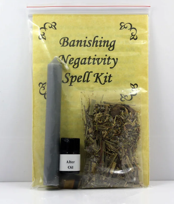 Banishing Negativity Spell Kit Includes: Complete Instructions Gray Candle Altar Oil Black Obsidian Specialty blended bag of herbs