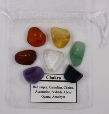 Chakra Mojo Bag includes Red Jasper, Carnelian, Citrine, Aventurine, Sodalite, Clear Quartz, and Amethyst