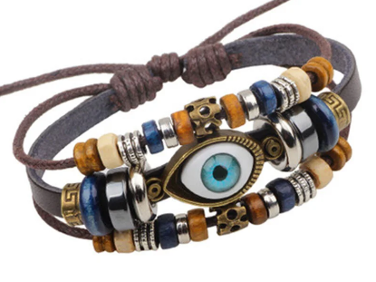 Evil Eye Multi-Strand Bracelet with  Wood Beads and Hematite