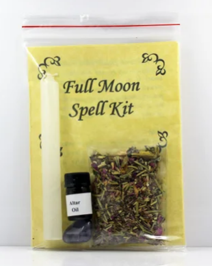 Full Moon Spell Kit with complete Instructions White Candle Altar Oil Amethyst Stone Specialty blended bag of herb