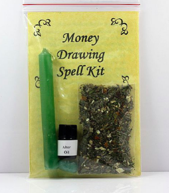 Money Drawing Spell Kit Includes: Complete Instructions Green Candle Altar Oil Green Aventurine Stone Specialty blended bag of herbs