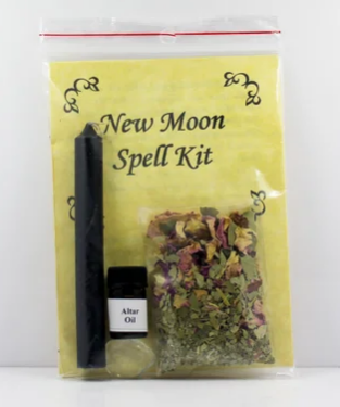 New Moon Spell Kit Includes: Complete Instructions Black Candle Altar Oil Clear Quartz Stone Specialty blended bag of herbs